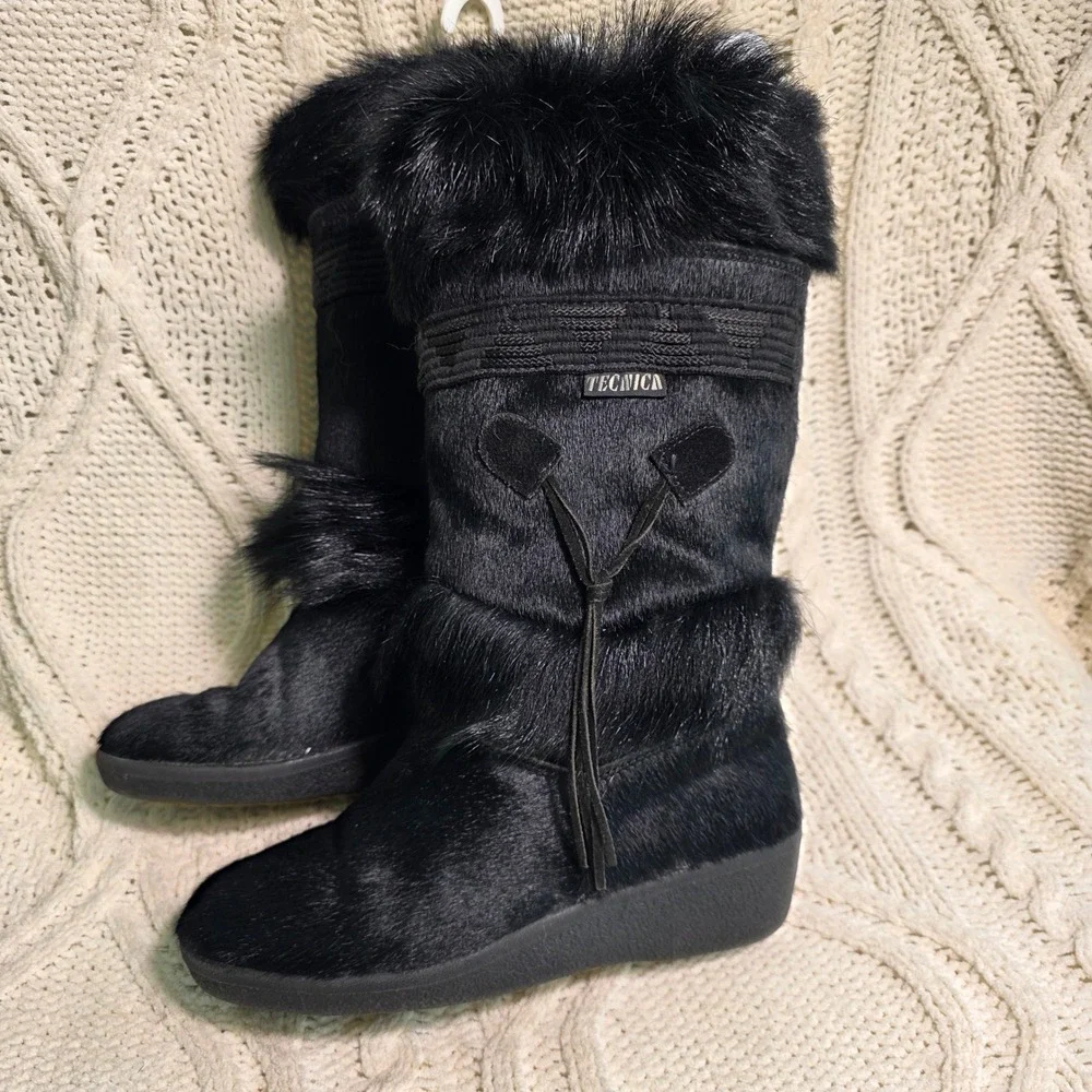 VTG Tecnica Snow Boots Black FULL‎ GOAT HAIR Mid Calf Rare Womens 39 Excellent